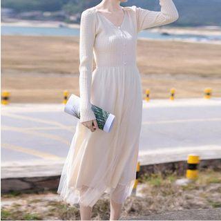 Mesh Overlay A-line Midi Knit Dress