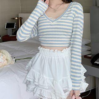 Striped Hooded Ribbed Knit Crop Top Striped - Blue - One Size
