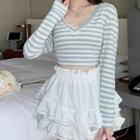 Striped Hooded Ribbed Knit Crop Top Striped - Blue - One Size