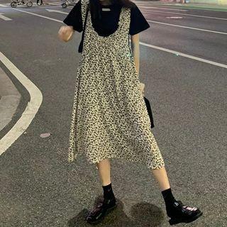 Short-sleeve Lettering T-shirt / Floral Print A-line Midi Pinafore Dress