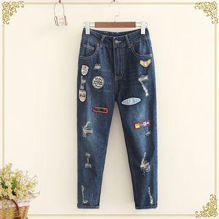 Patched Distressed Straight-cut Jeans