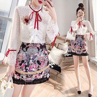 Set: Long-sleeve Lace Shirt + Printed Mini A-line Skirt