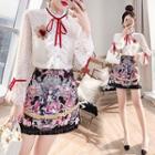 Set: Long-sleeve Lace Shirt + Printed Mini A-line Skirt