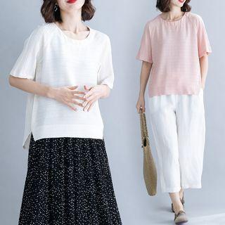 Plain Short-sleeve Asymmetrical T Shirt