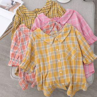 Short-sleeve Peter Pan-collar Plaid Ruffle-trim Blouse