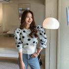 Puff-shoulder Polka-dot Knit Top