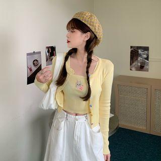 Set : Embroider Cat Knit Sleeveless Top + Cardigan