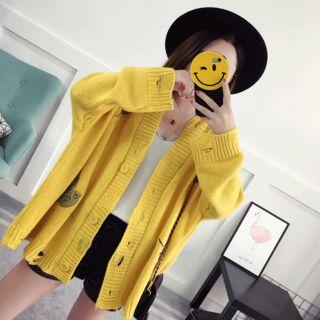 Bird Embroidered Distressed Cardigan