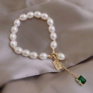 Faux Pearl Bracelet 1pc - White & Gold & Green - One Size