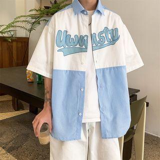 Short-sleeve Lettering Striped Panel Shirt