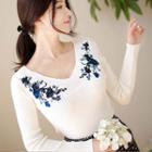 V-neck Long-sleeve Embroidered Slim-fit Ribbed Knit Top