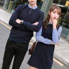 Couple Matching Long-sleeve Striped Panel Polo Shirt/ Mock Two-piece Striped Panel Collared Dress