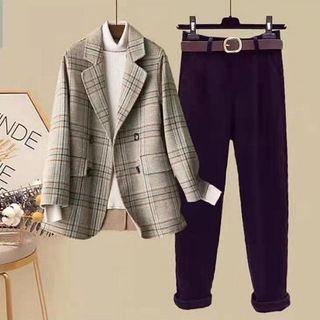 Double Breasted Plaid Coat / Straight Leg Pants