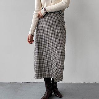 Slit-hem Long Checked Skirt