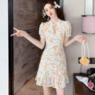 Short-sleeve Floral Print Cutout Mini A-line Dress