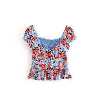Short-sleeve Floral Print Ruffle Trim Top