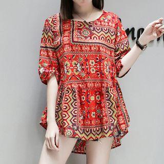Patterned Elbow Sleeve Peplum Blouse
