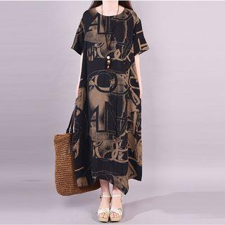 Short-sleeve Print Midi Linen Dress