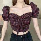 Puff-sleeve Heart Print Crop Top As Shown In Figure - One Size