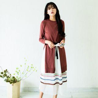 Set: Crew-neck Long-sleeve Knit Top + Midi Pleated Skirt