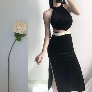 Halter Midi Velvet Sheath Dress
