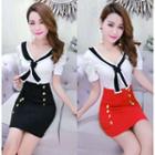 Short-sleeve Bow-accent Buttoned Sheath Dress