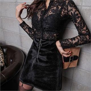 Mandarin-collar Lace Sheer Blouse