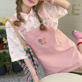 Floral Shirt / Embroidered Mini A-line Overall Dress