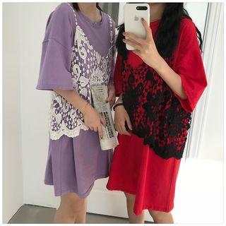 Set: Lace Top + Plain T-shirt Dress