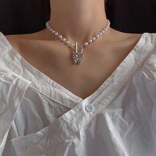 Rhinestone Butterfly Pendant Faux Pearl Choker 1 Pc - As Shown In Figure - One Size