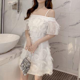 Cold-shoulder Short-sleeve Fringed Mini A-line Dress