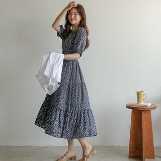 V-neck Floral Long Tiered Dress With Sash Navy Blue - One Size