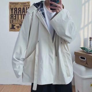 Hooded Long-sleeve Plaid Panel Cargo Jacket