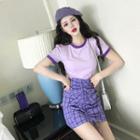 Color-block Short-sleeve Slim-fit T-shirt / Plaid Skirt
