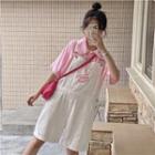 Peter Pan Collar Plain Shirt + Heart Embroidered Jumpsuit