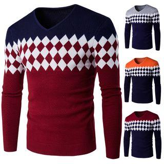 Color Block Argyle Patterned Sweater