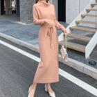 Turtleneck Drawstring-waist Midi Knit Dress
