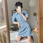 Puff-sleeve Denim Mini Collared A-line Dress