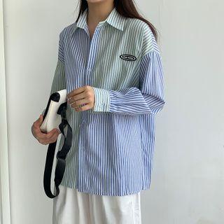 Long-sleeve Paneled Striped Shirt Blue & Green - One Size
