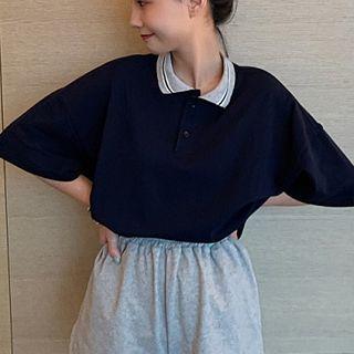 Elbow-sleeve Striped Detail Polo Shirt