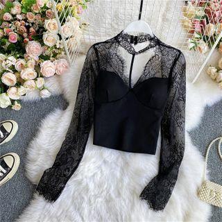 Halter Sheer Lace Long-sleeve Top