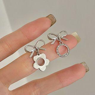 Bow Flower Rhinestone Hoop Asymmetrical Dangle Earring 1 Pair - Silver - One Size