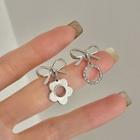Bow Flower Rhinestone Hoop Asymmetrical Dangle Earring 1 Pair - Silver - One Size