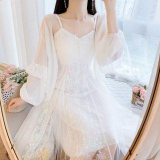 Loose-fit Cardigan / Sleeveless Lace-panel A-line Dress