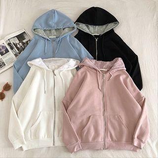 Printed Zip Loose-fit Long-sleeve Hooded Jacket