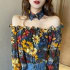 Set: Off-shoulder Floral Print Blouse + Collar As Shown In Figure - One Size