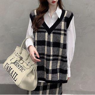 Plaid Knit Vest / Shirt / Skirt
