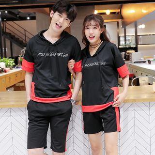 Couple Matching Color Block Hooded Short-sleeve T-shirt