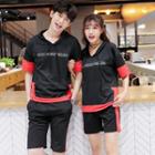 Couple Matching Color Block Hooded Short-sleeve T-shirt