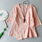 3/4-sleeve Frog-button Linen Top